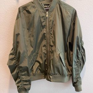 Express Army Green Bomber Jacket with gold zippers